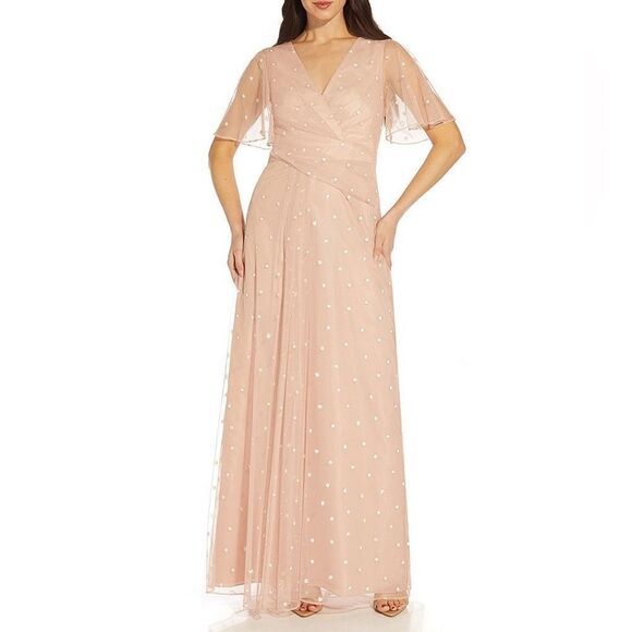 NWT Adrianna Papell Metallic Clip Dot pink V-neck Draped Gown maxi Sz 4 - Picture 1 of 12